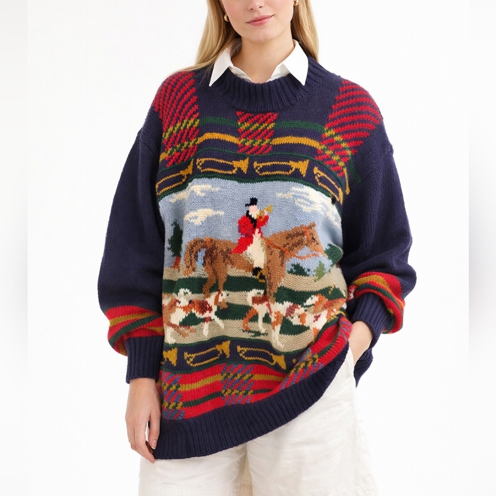 Vintage Fox Hunt Sweater Equestrian Novelty Preppy Oversized Knit Small